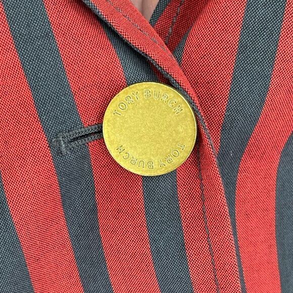 Tory Burch Blazer Jacket Red Navy Stripe Logo Embossed Buttons Lined Women 10 - Picture 4 of 8
